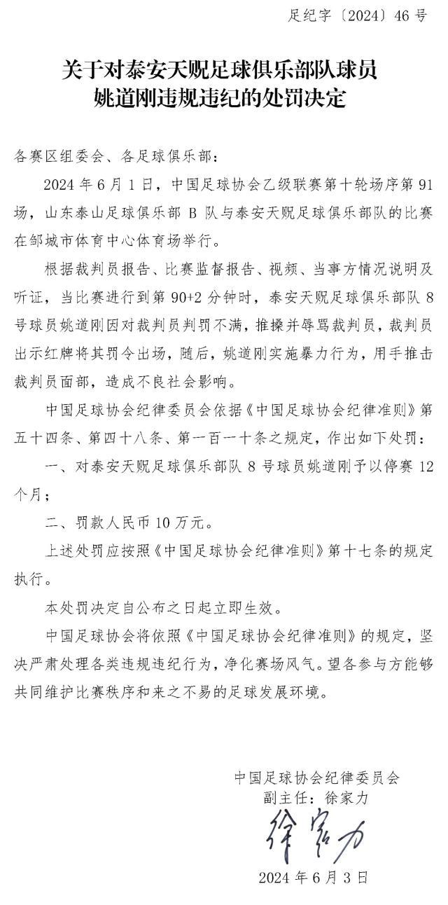 开云体育登录-罚单：姚道刚染红后推击裁判面部 停赛1年罚款10万